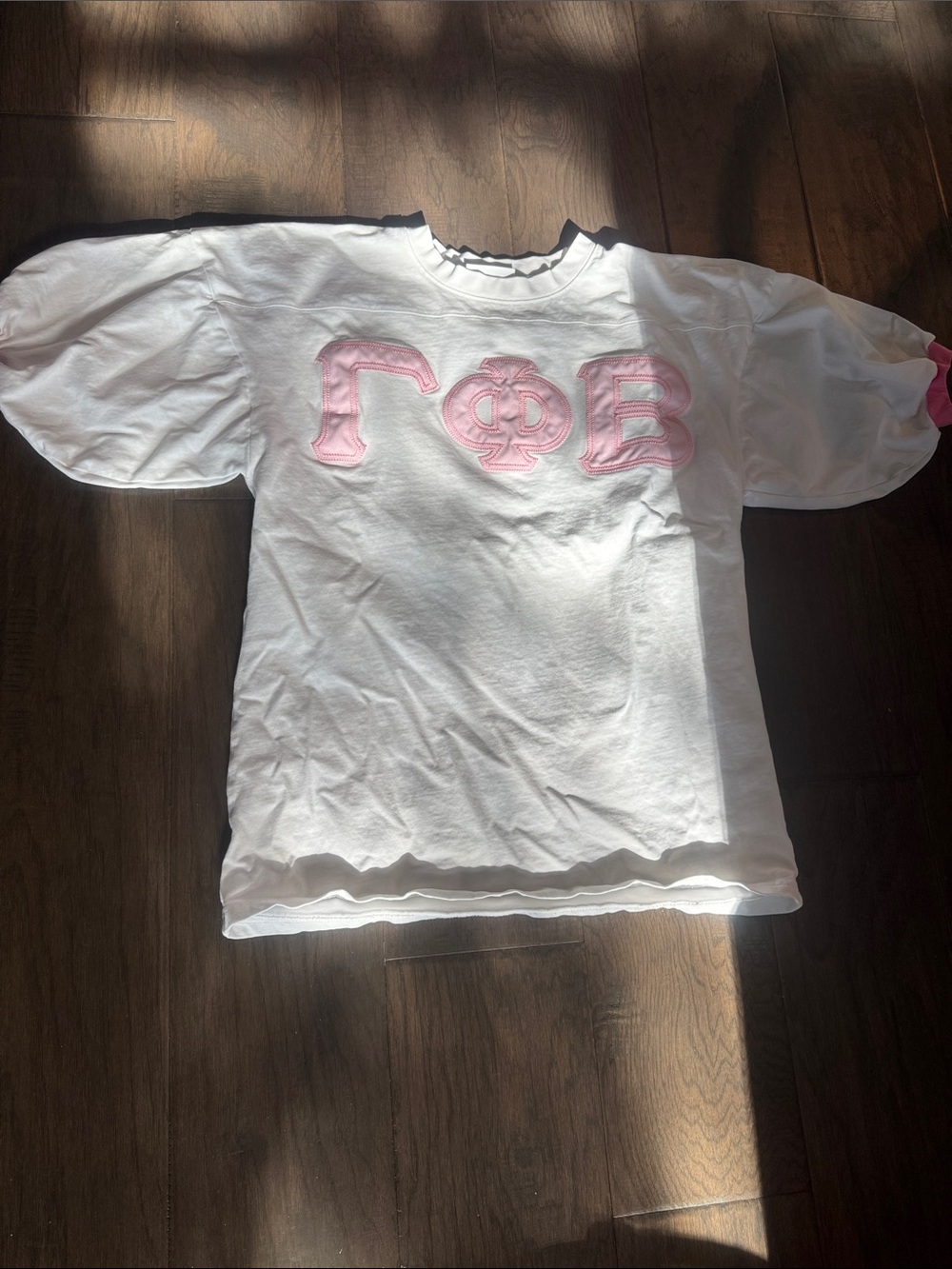 Gamma Phi Beta White Short-Sleeve Jersey Tee with Pink Appliqué Letters